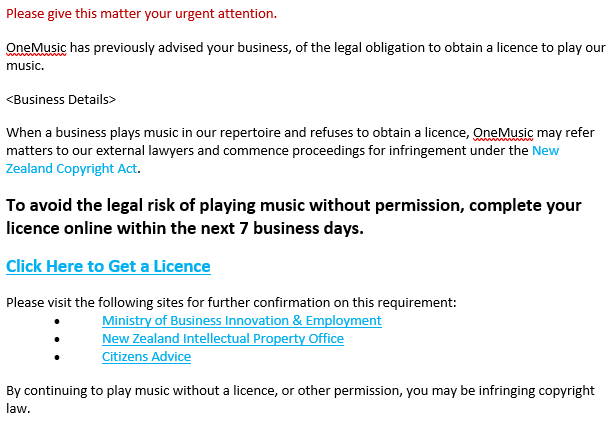 Have You Received An Email From OneMusic With A Title Like "OneMusic Compliance Risk" For Playing Music In Your Business?